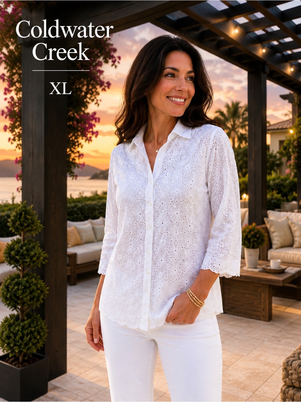 Coldwater Creek White Eyelet Embroidered Button Front Blouse XL